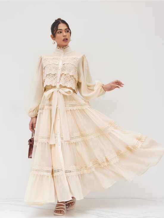 Cider Dresses & Skirts - Cider Ivory Pearl Button High Neck Gaipure Lace Maxi Dress XL
